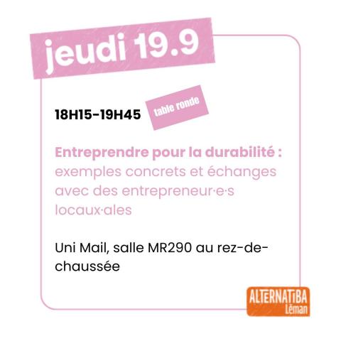 Table ronde Alternatiba le 19/09: Entreprendre pour la durabilité à Genève